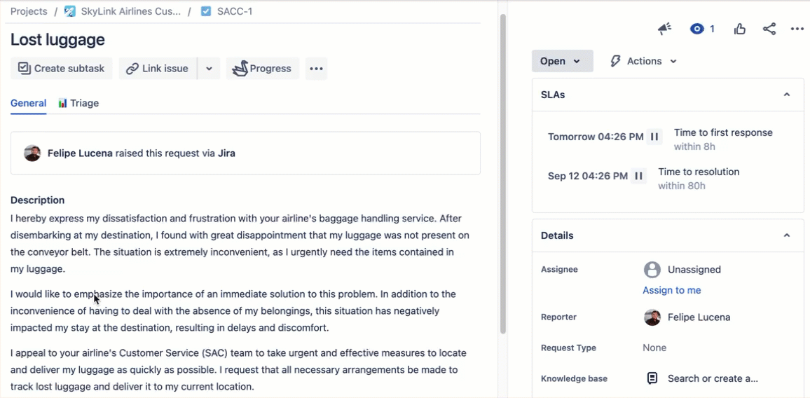 chatgpt for customer service example from skylink's inbox