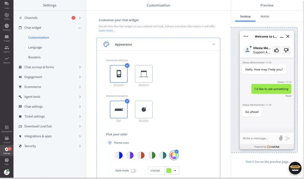 live chat button in LiveChat