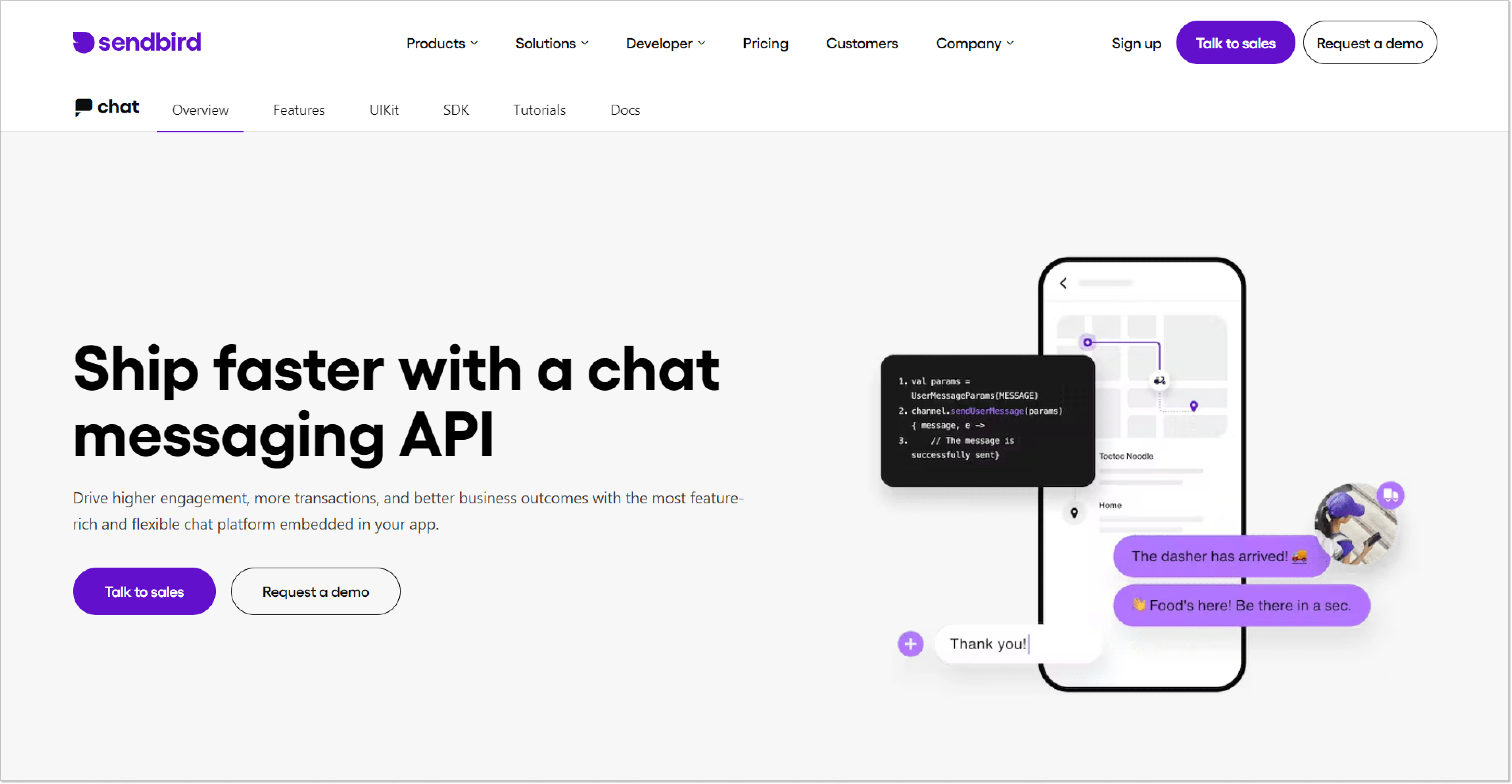 Lending page of a SendBird APIs product