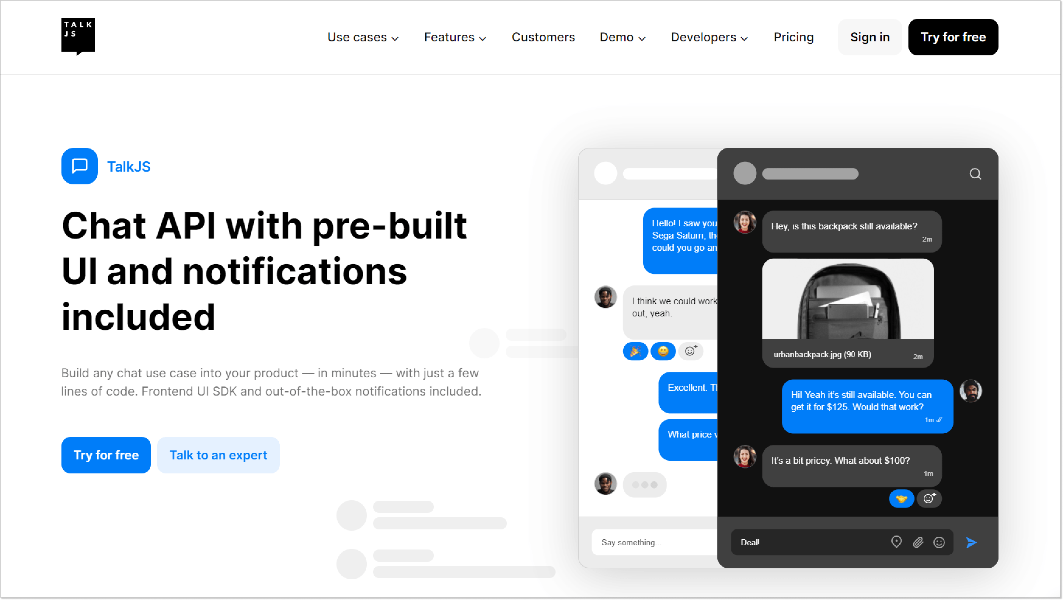 Lending page of a TalkJS APIs product