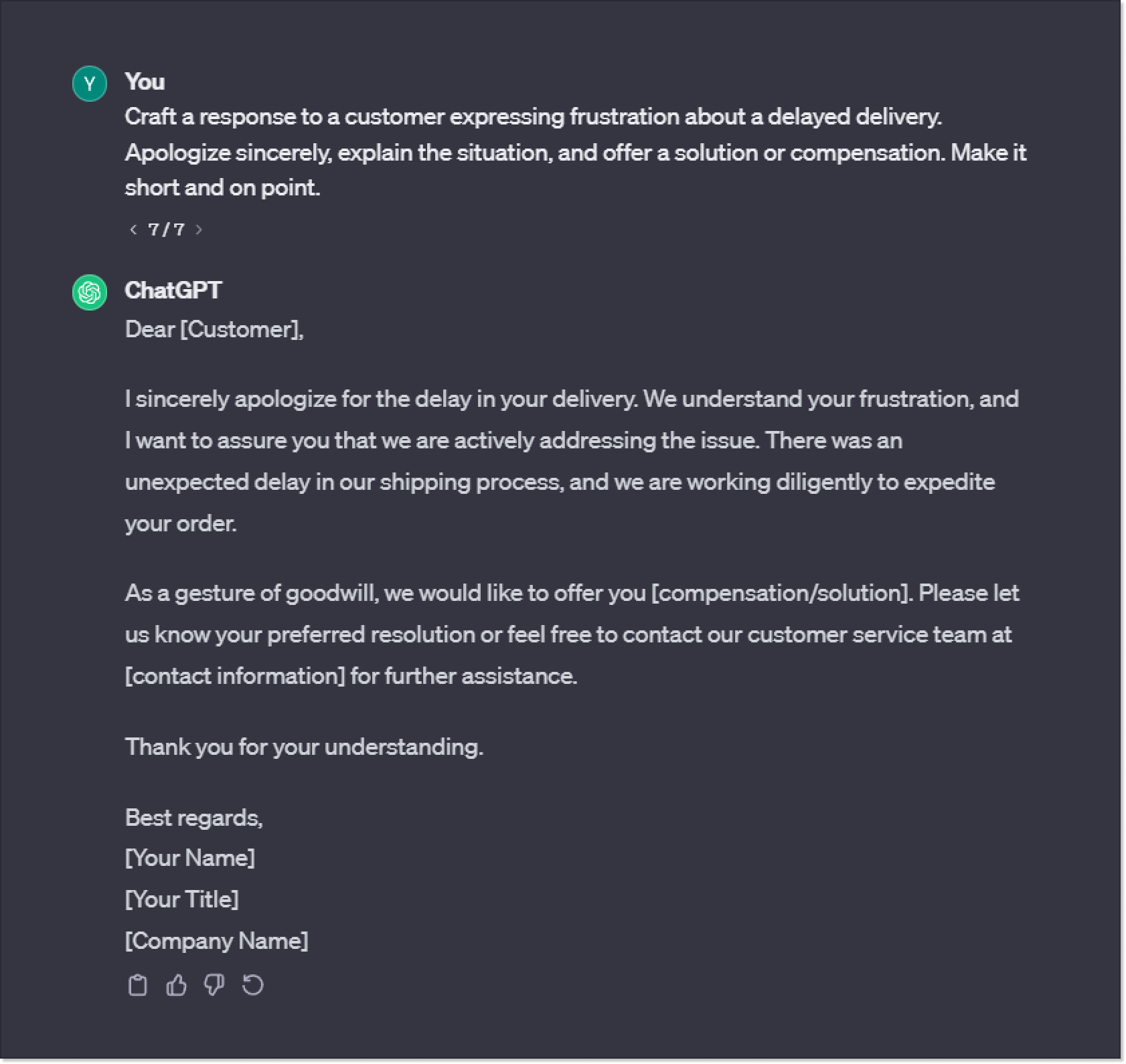 example of creating an apology for a customer with chatgpt