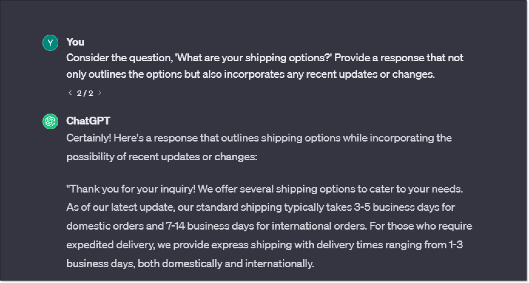 example of creating an answer to a shipping options question with chatgpt