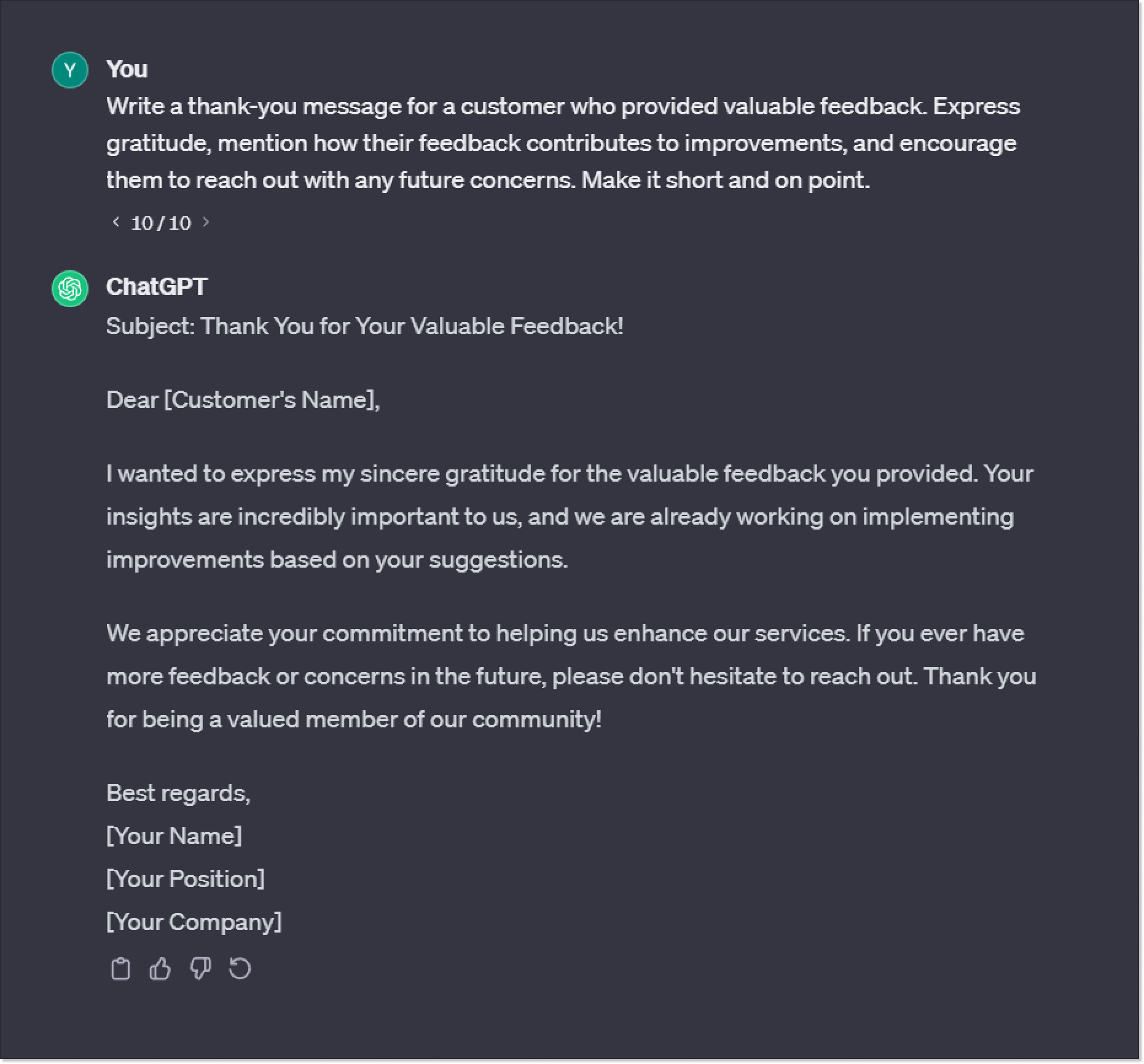 example of creating a thakn you message with chatgpt