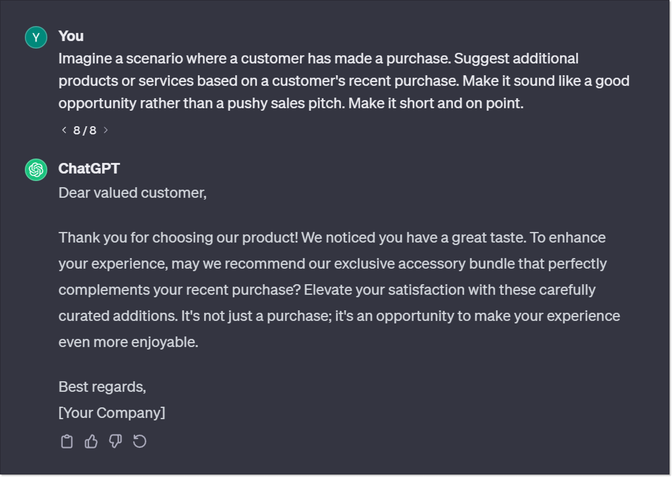 example of creating an upselling message with chatgpt