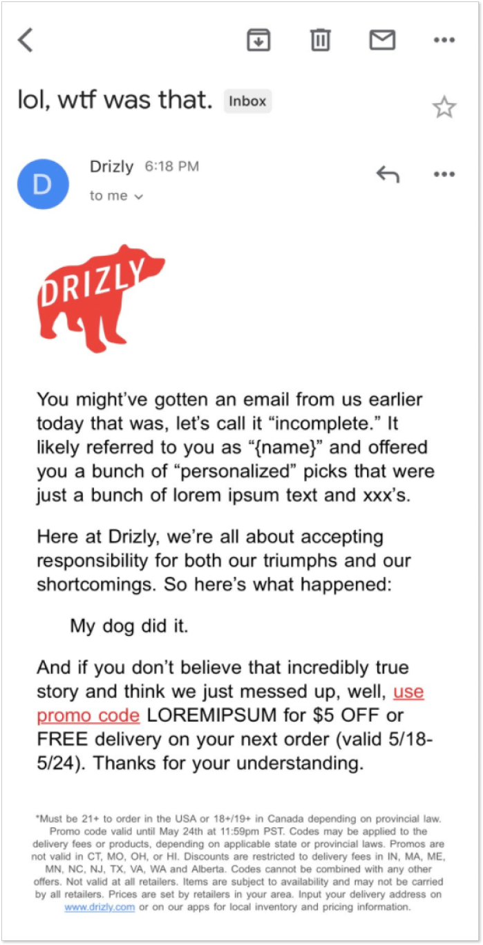 Drizly apology letter