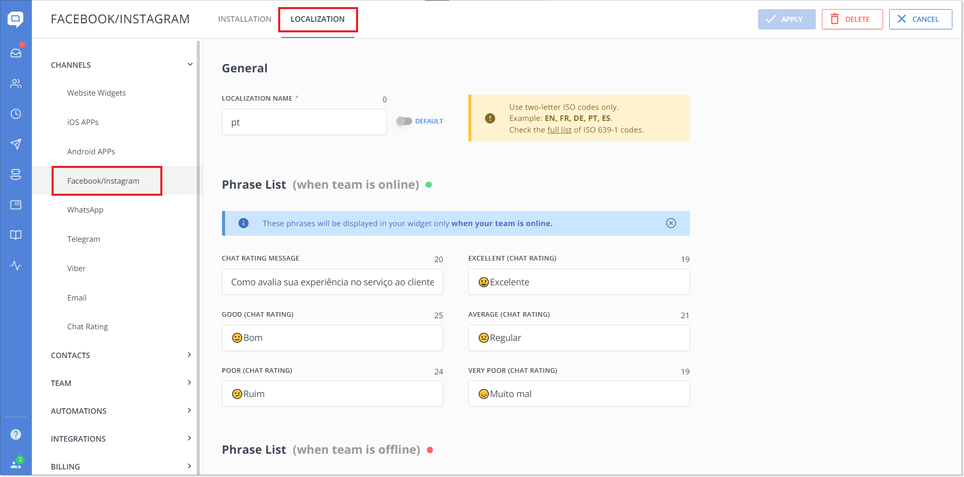 HelpCrunch live chat customer satisfaction rating localization settings