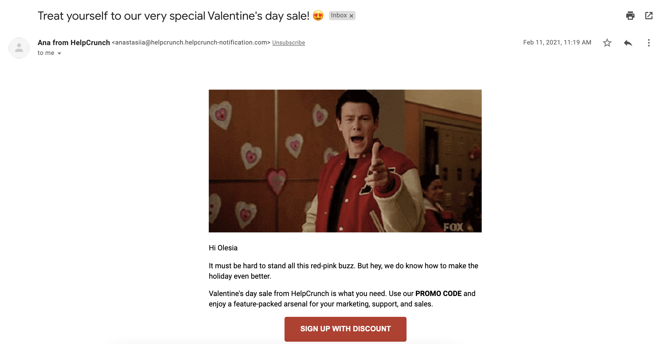 HelpCrunch Valentine’s day email newsletter