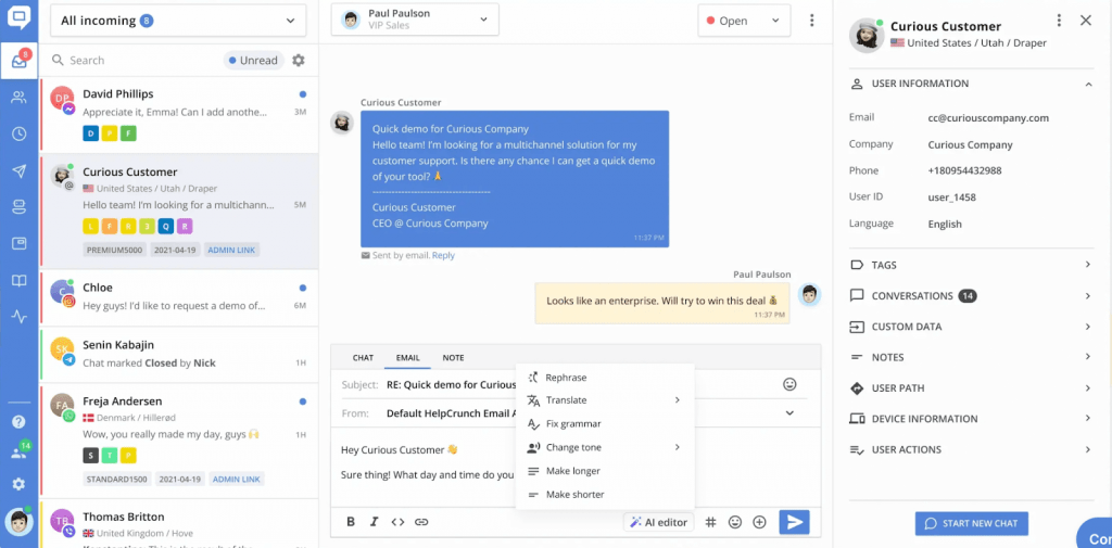 HelpCrunch's dashboard