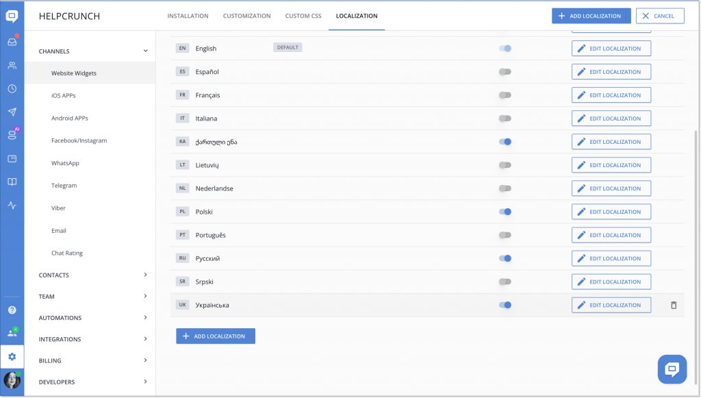 live chat button localization in HelpCrunch