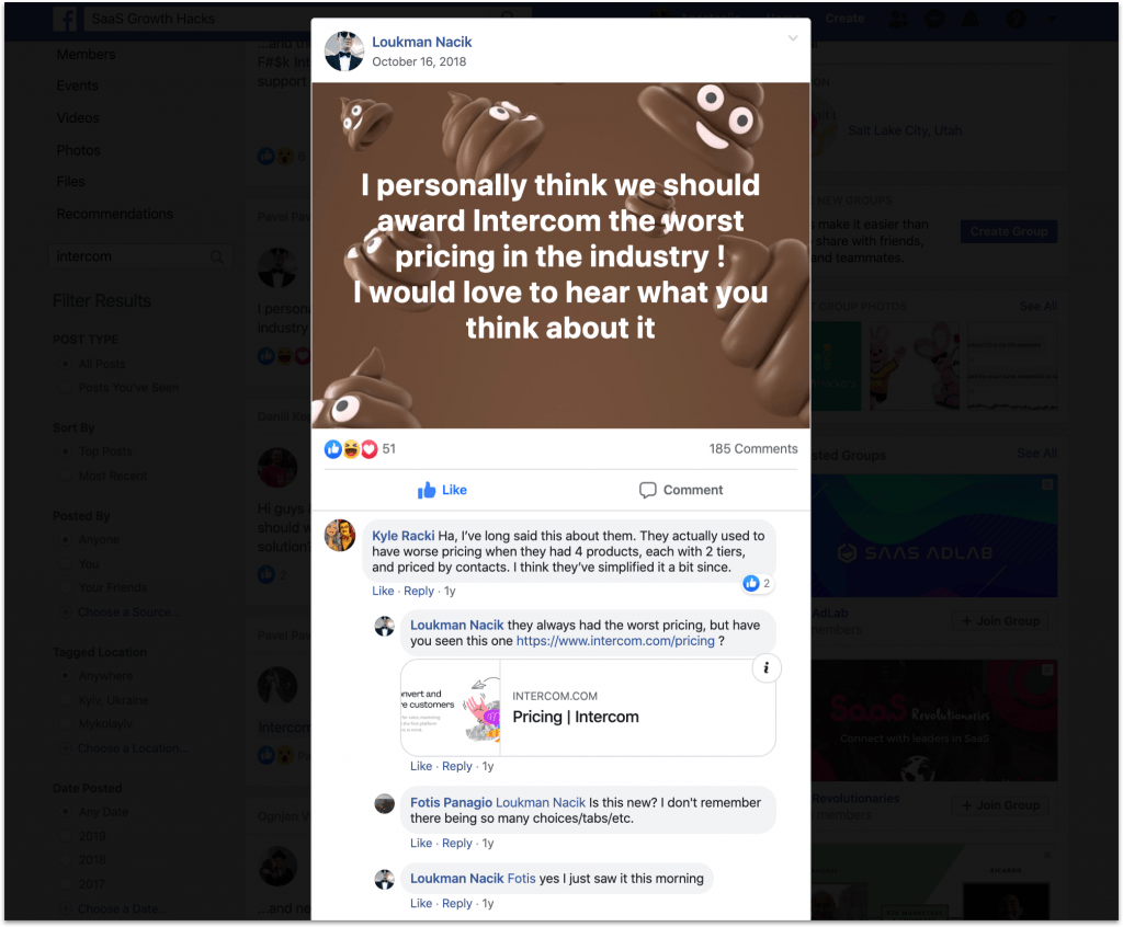 intercom pricing negative comment on social media