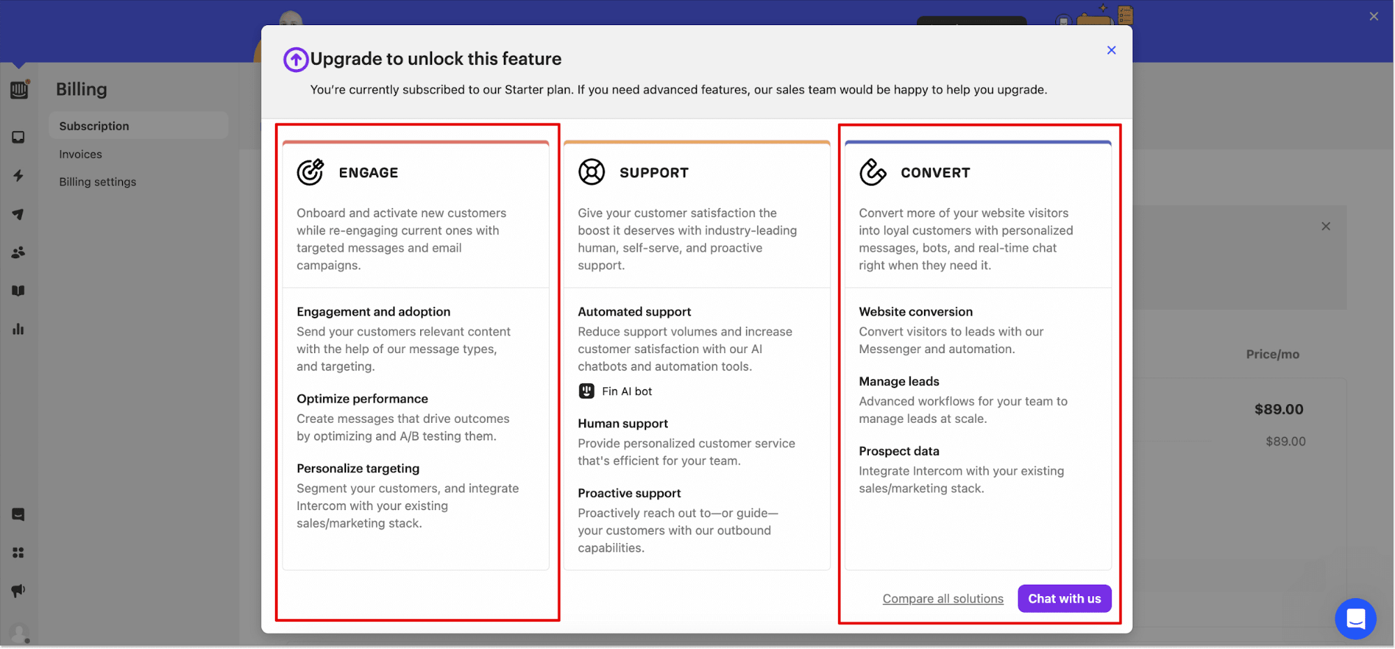 intercome subscription plan upgrade