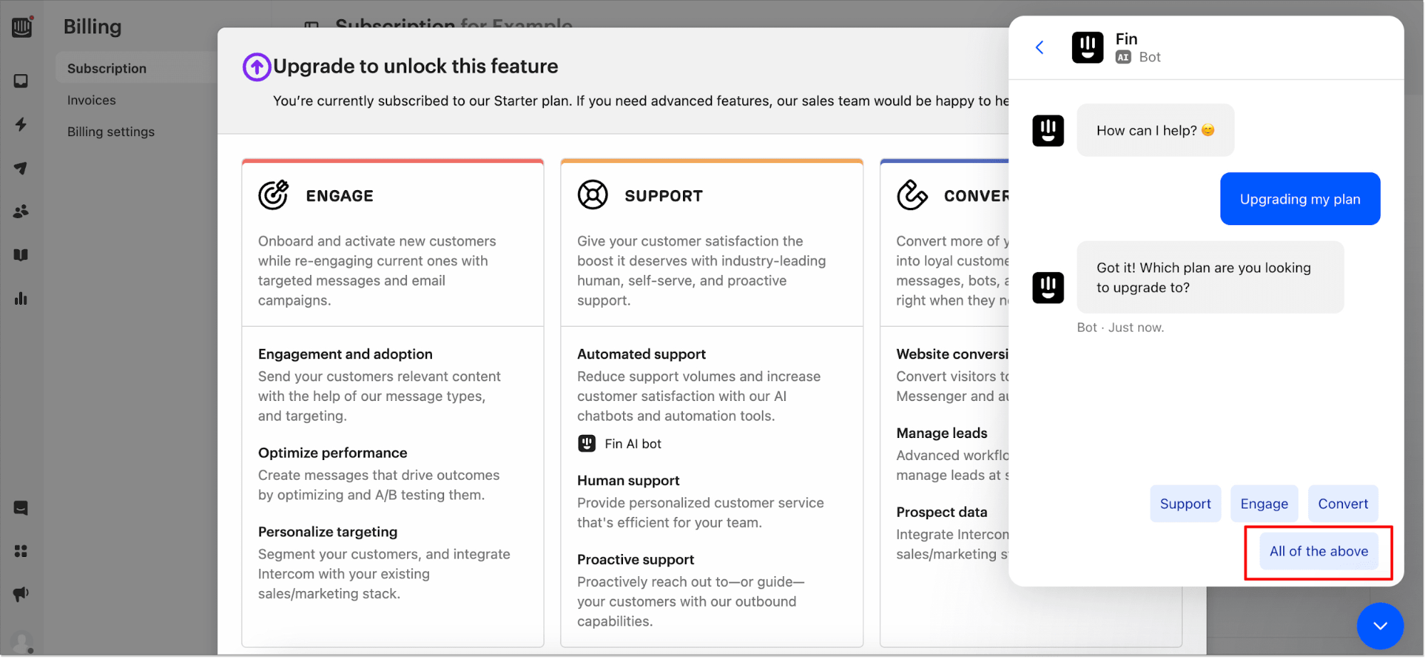 intercom subscription plan upgrade by fin