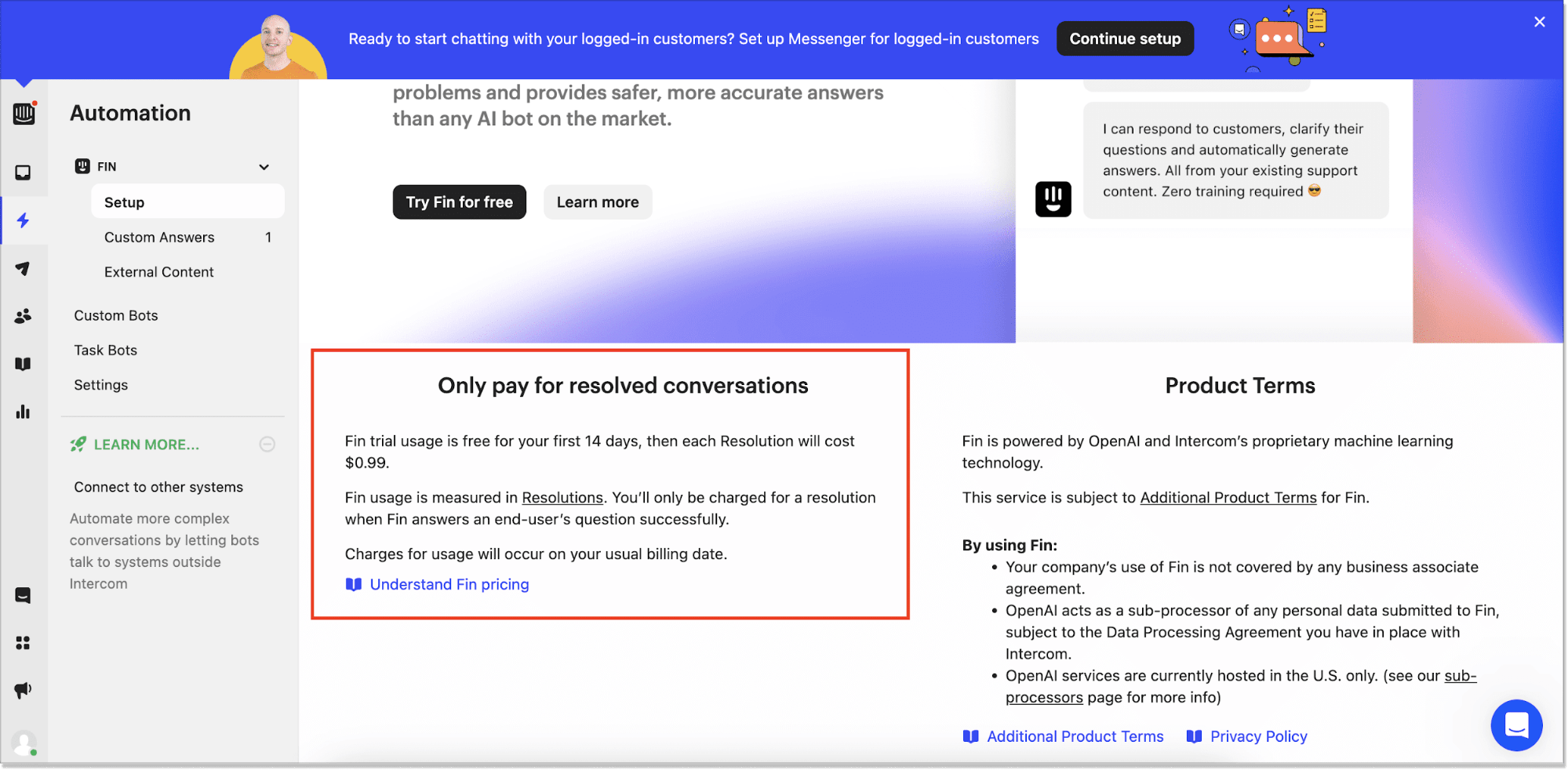 intercom Fin chatbot pricing explanation
