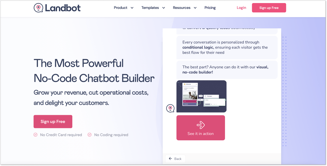Домашняя страница сайта платформы чат-ботов landbot