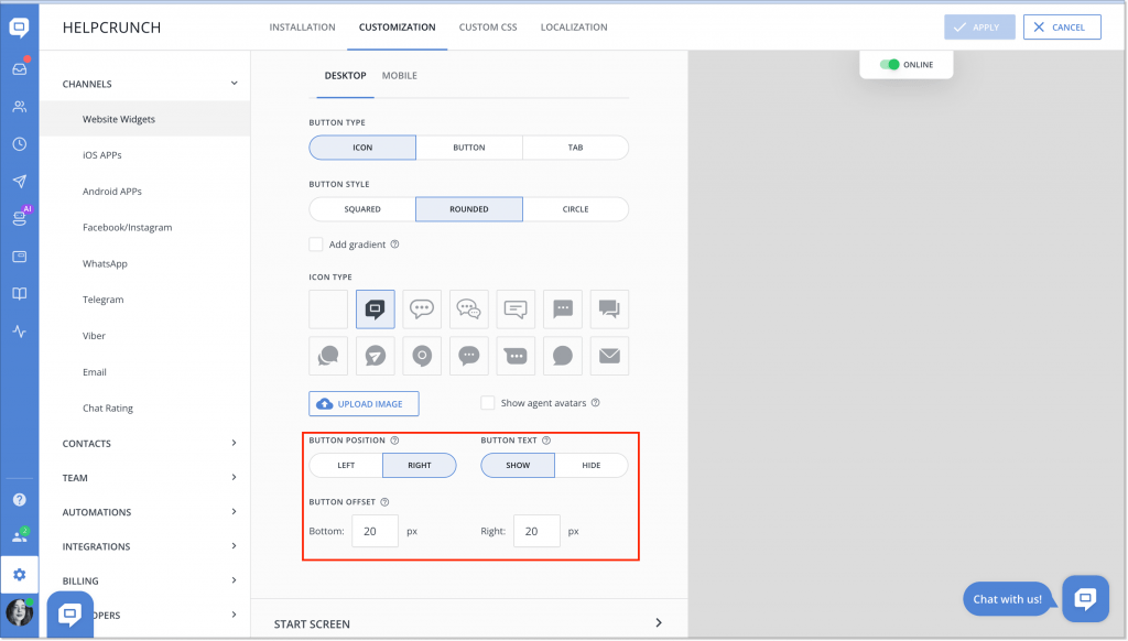 live chat button customization in HelpCrunch
