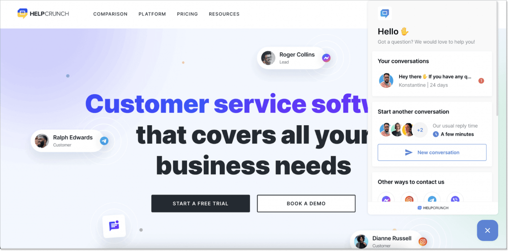live chat greeting example on HelpCrunch website