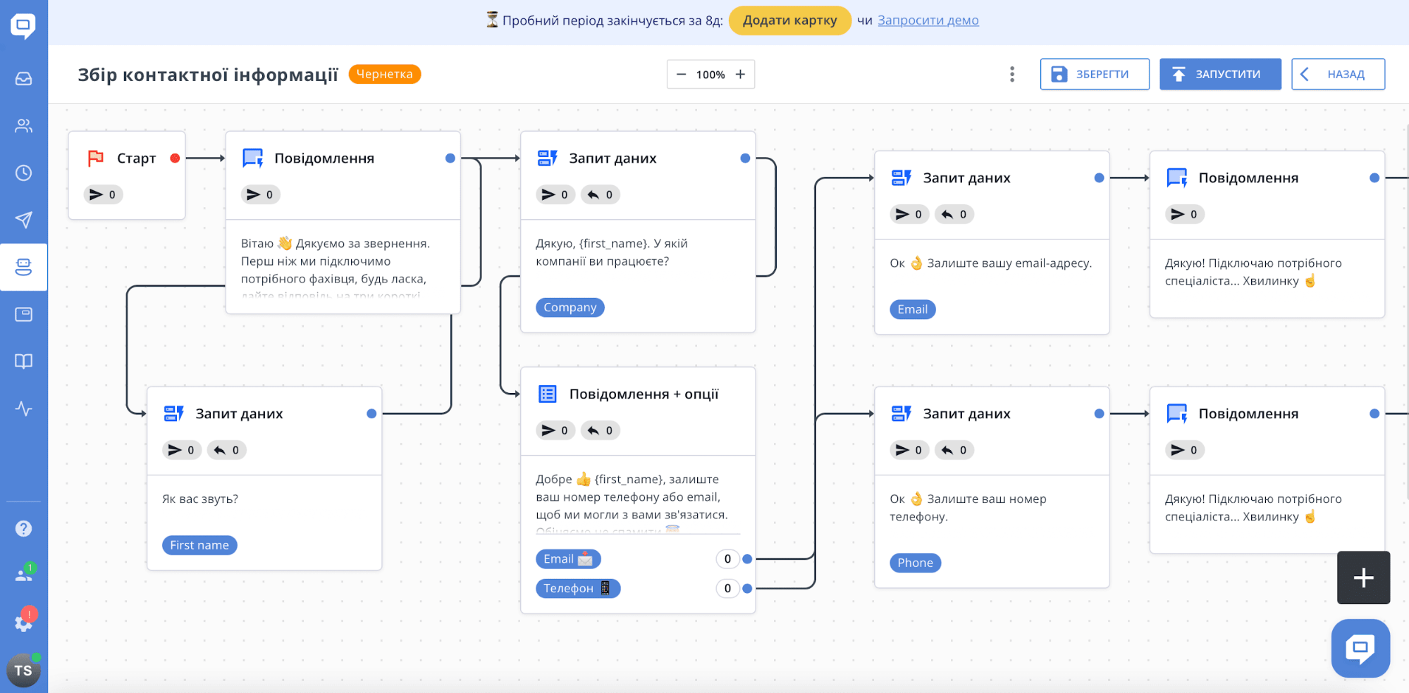 вигляд графічного редактора чат-бота HelpСrunch