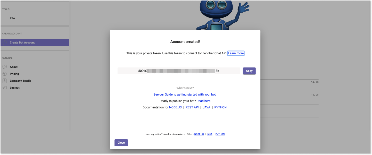 попап з токеном бота Viber після реєстрації
