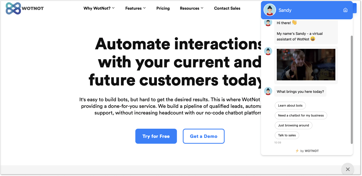 Домашняя страница сайта платформы чат-ботов wotnot