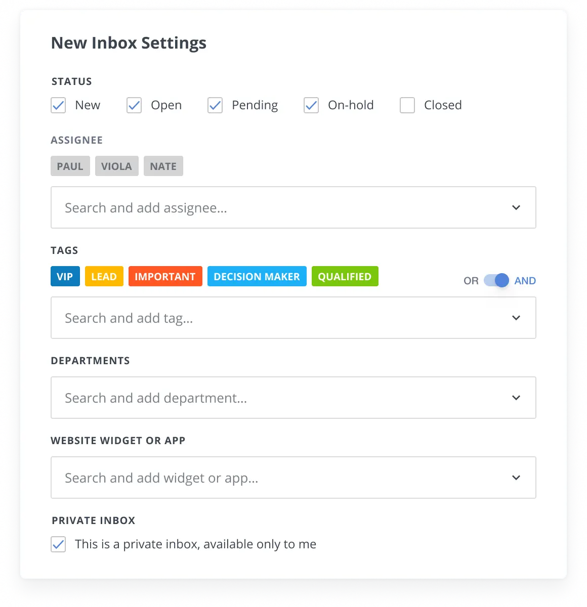 Settings for creating a new custom inbox in HelpCrunch