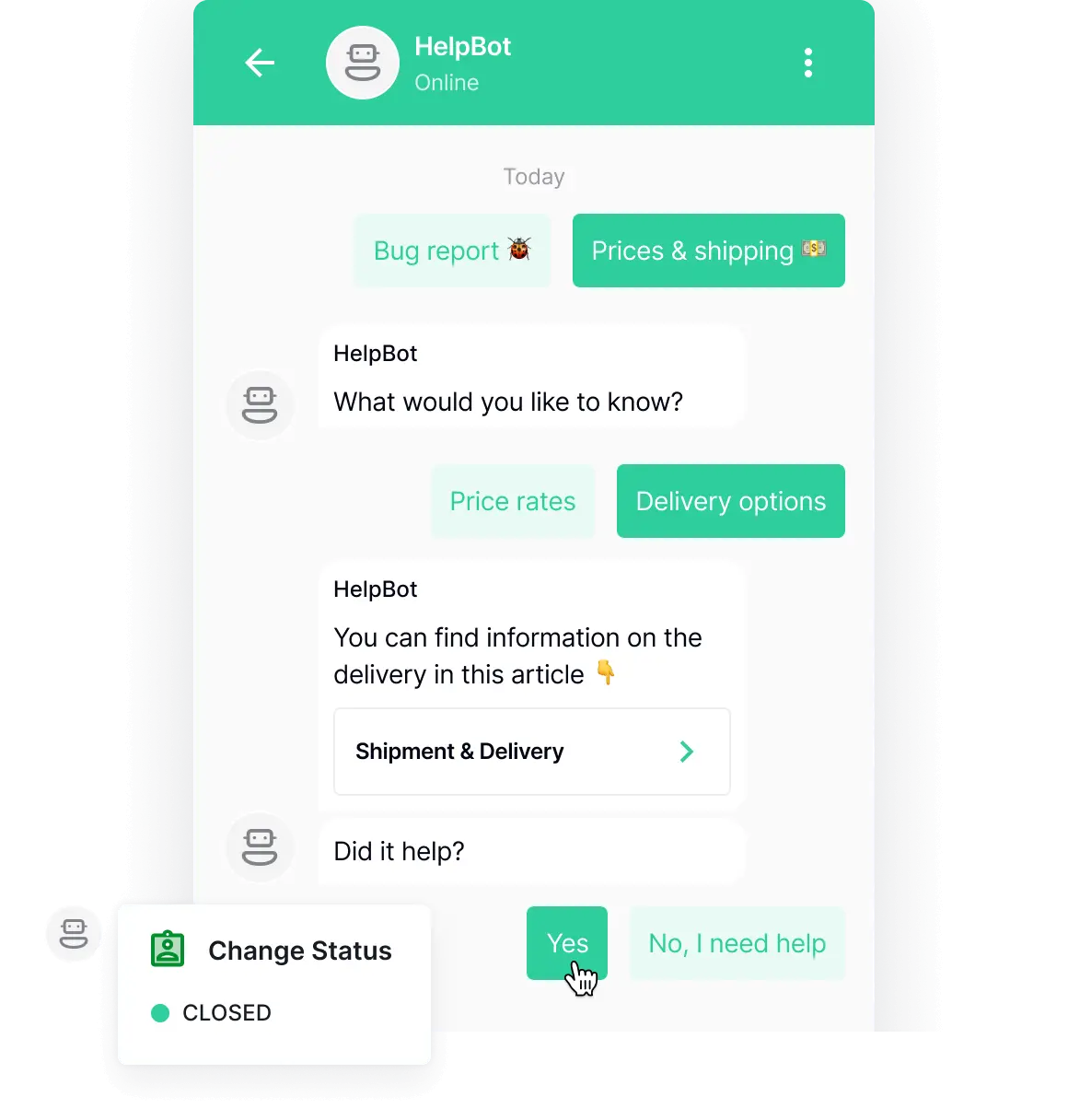 Chatbot by HelpCrunch offering a contextual knowledge base article