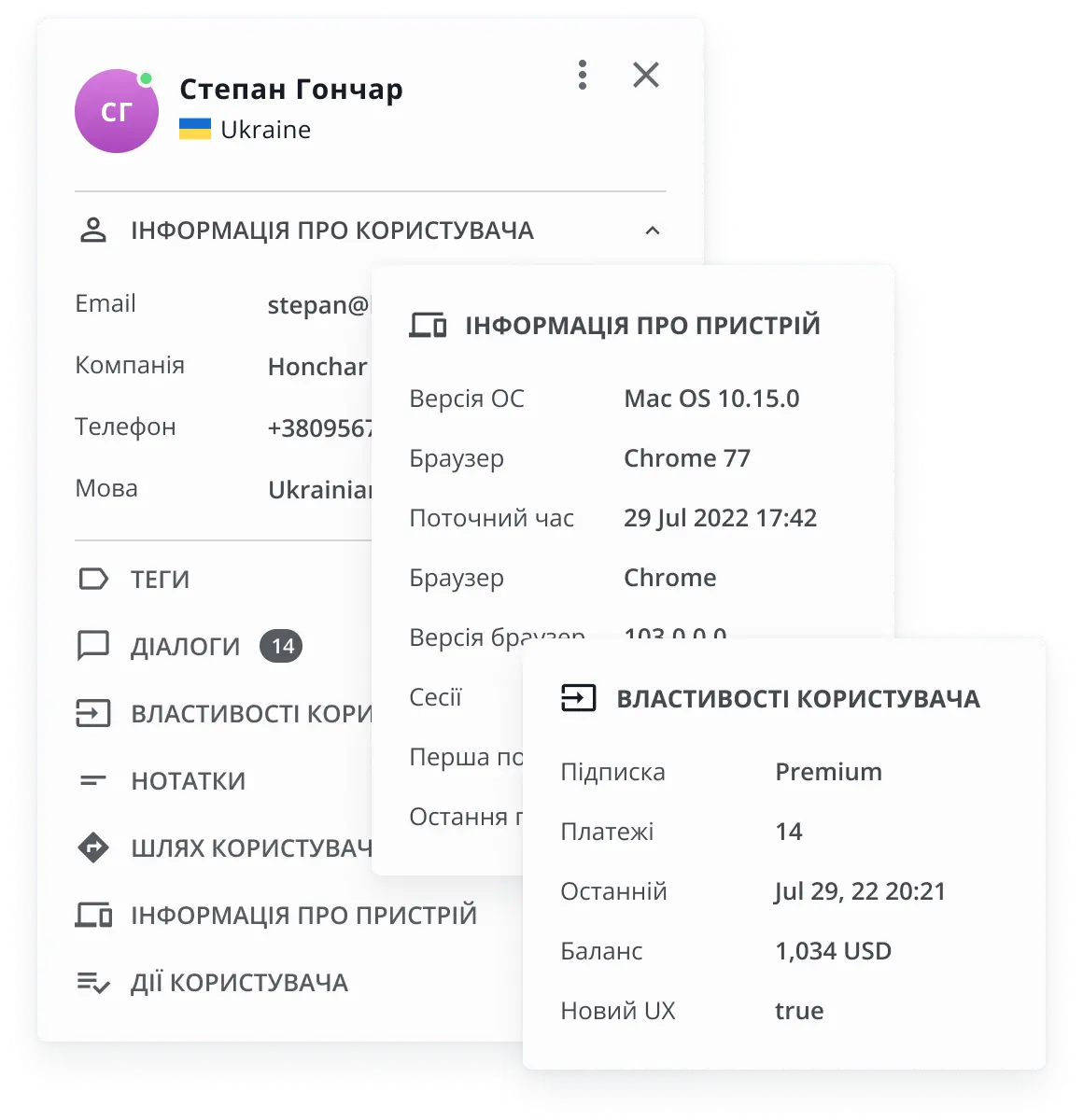 Профіль користувача в HelpCrunch з його персональною інформацією
