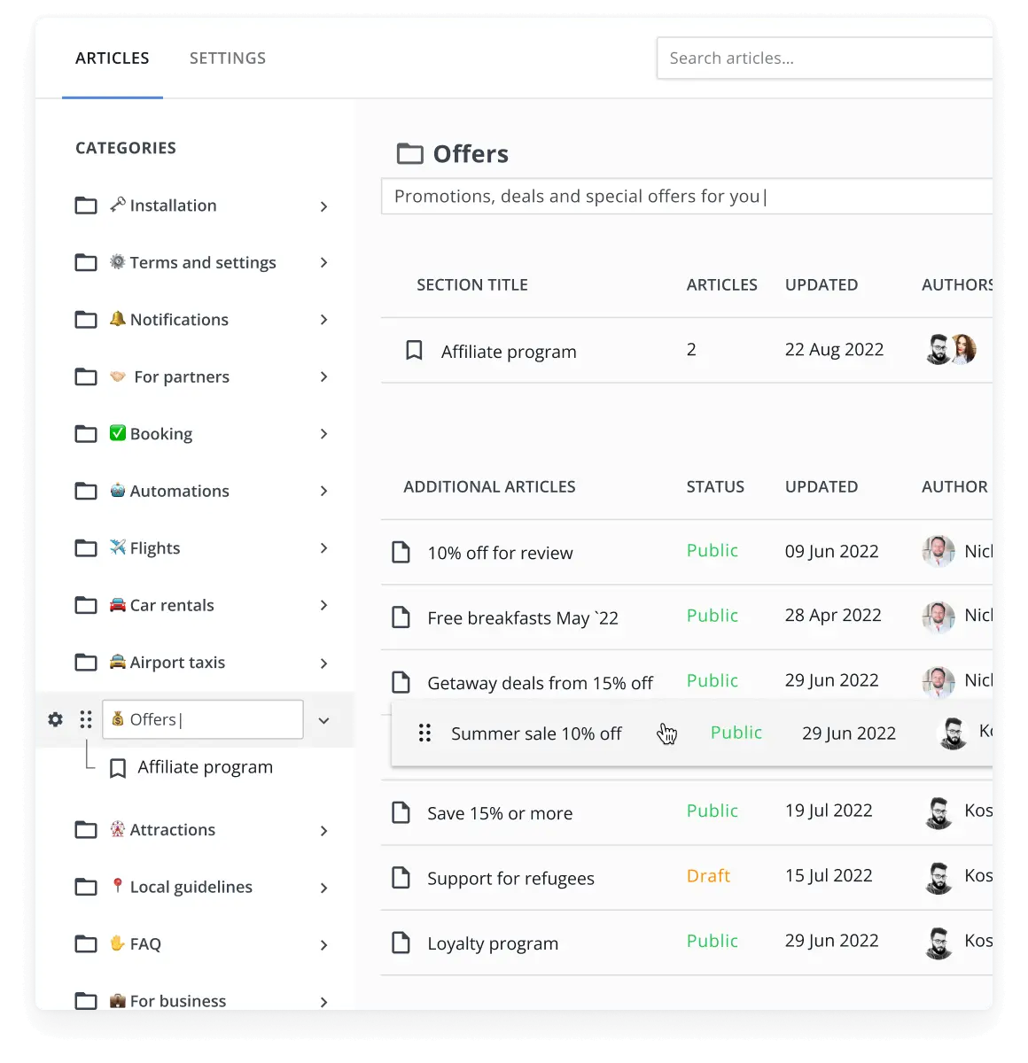 Categories and sections in the HelpCrunch knowledge base