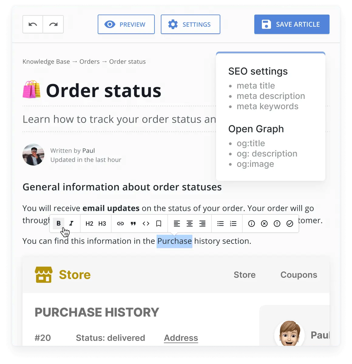 HelpCrunch knowledge base editor with SEO settings