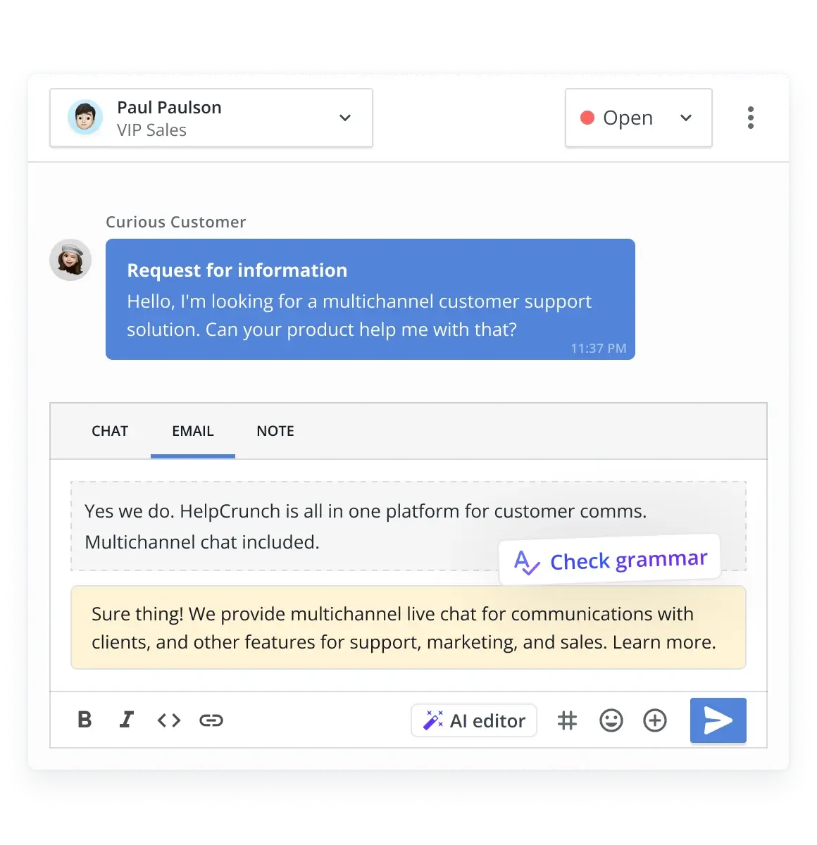 Fix grammar mistakes in your emails automatically with an AI editor.