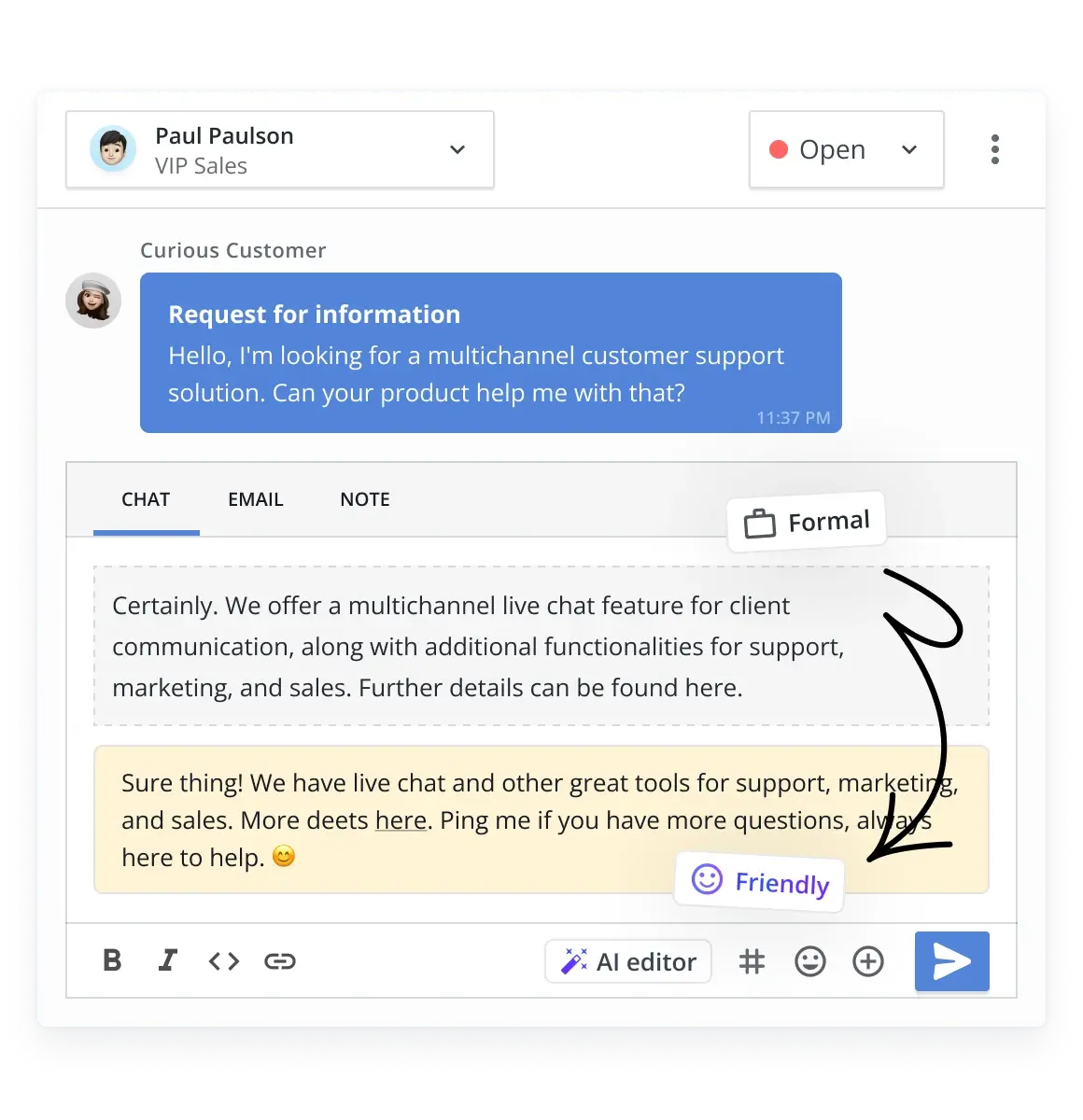 Change tone of your messages and emails to clients automatically with an AI editor.
