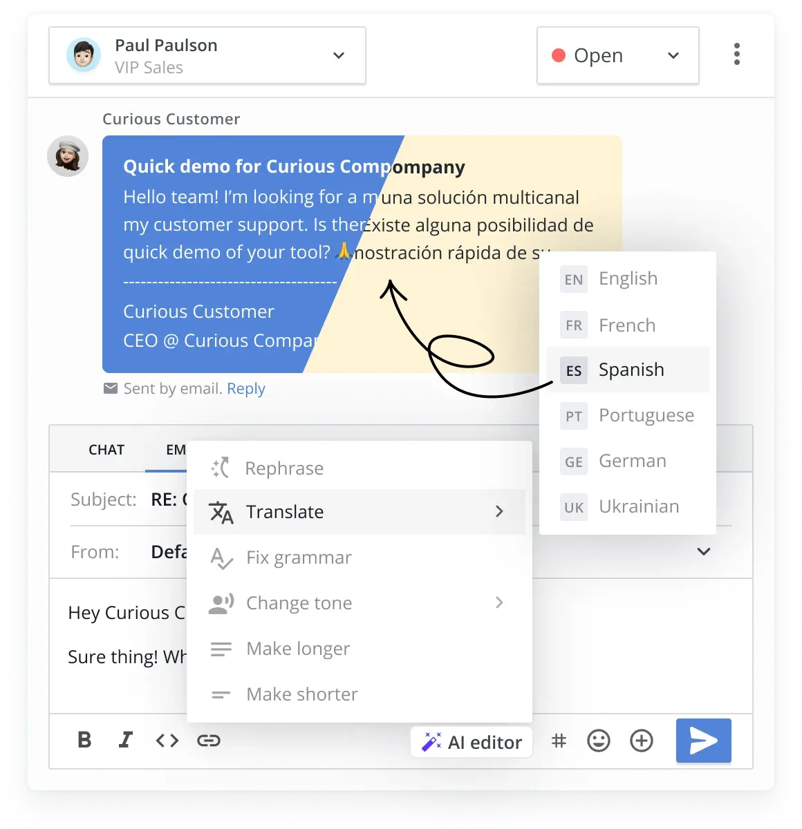 Translate your messages and emails to clients automatically with an AI editor.