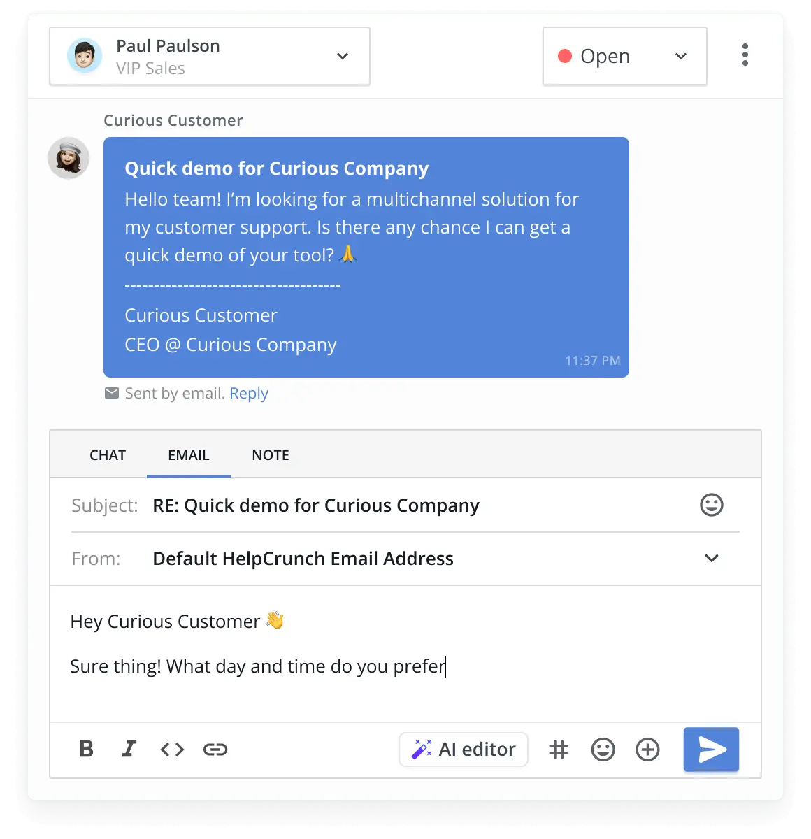 Email communication between a client and a support agent in the HelpCrunch shared inbox